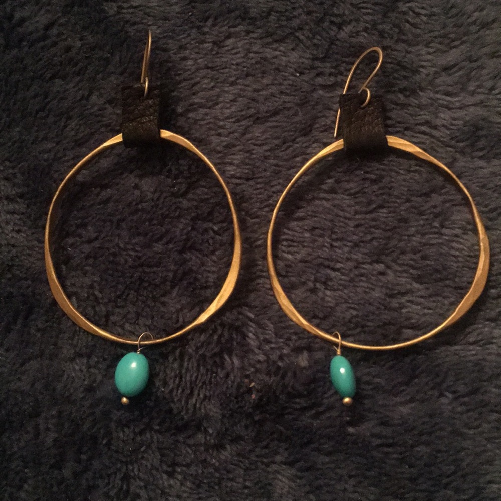 Boho, brass earrings with leather and turquoise
